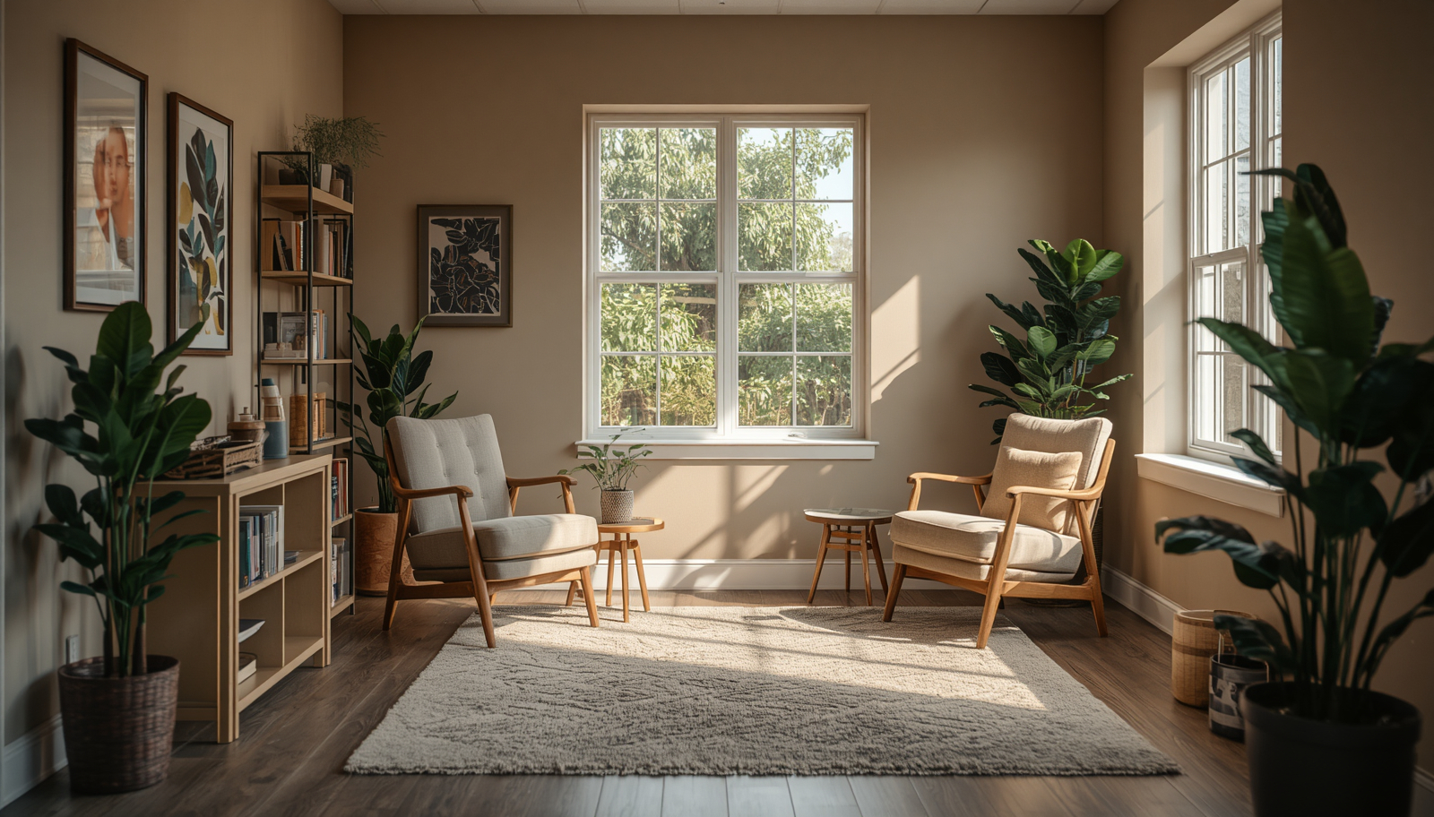 Warm, sunlit counseling office with two armchairs, plants, and a bookshelf.