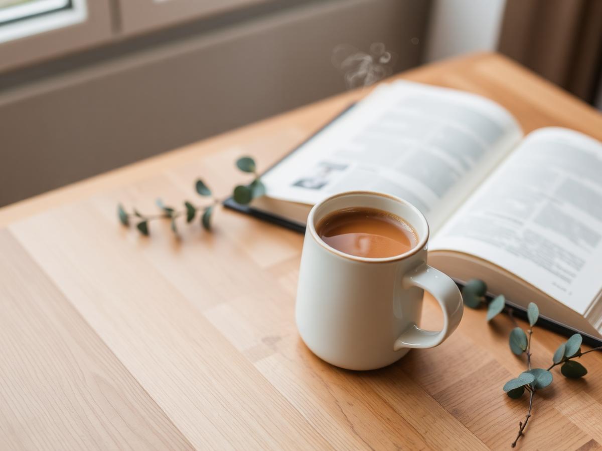 A warm mug of coffee beside an open book on a wooden table.